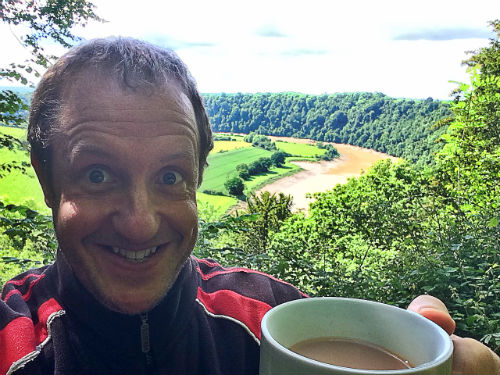 Christopher Fielden with a cup of tea in the Wye Valley near Tintern