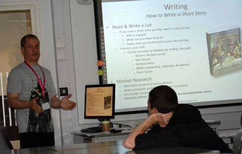Chris Fielden, presenting to creative writing students