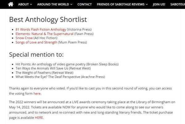Sabotage Reviews Saboteur Awards Best Anthology shortlist